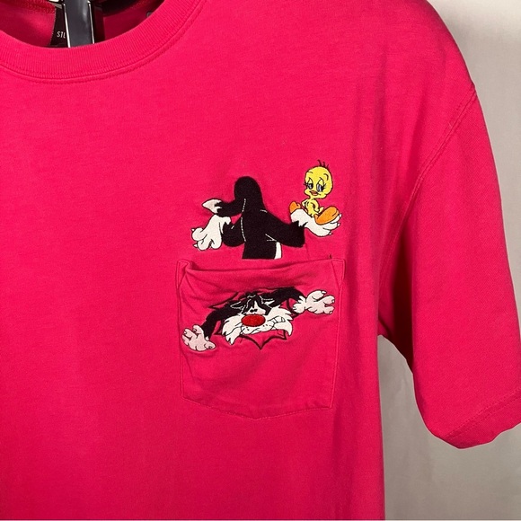 90's Vintage Embroidery Warner Bros Pink Short Sleeve Tee with Cartoon Graphic M - Picture 2 of 4